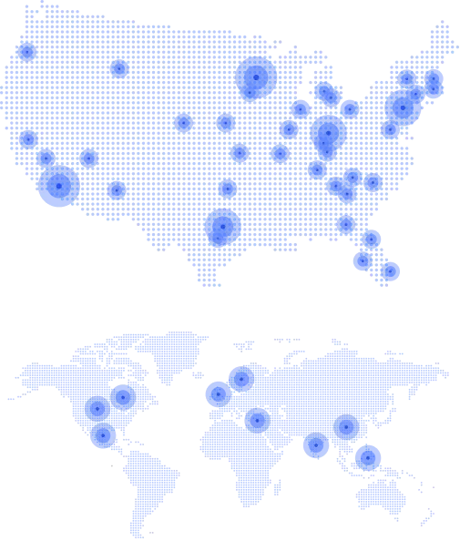 A map showing the United States and a world map of all continents with blue dots indicating various locations. The dots vary in size, with larger dots representing higher concentrations of data points. The U.S. map has numerous large blue dots spread across major cities, while the world map shows smaller blue dots in various international locations.