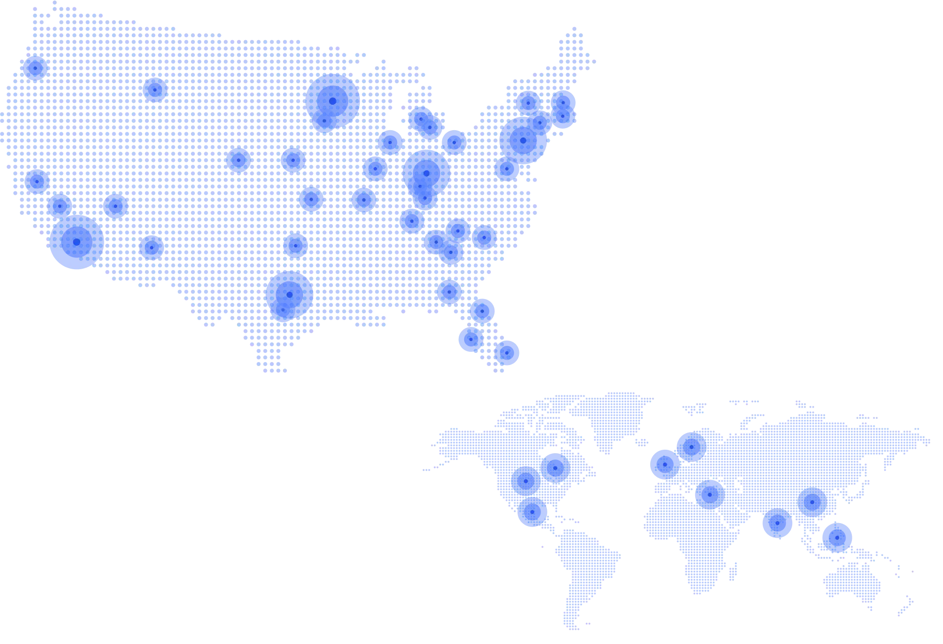 A map showing the United States and a world map of all continents with blue dots indicating various locations. The dots vary in size, with larger dots representing higher concentrations of data points. The U.S. map has numerous large blue dots spread across major cities, while the world map shows smaller blue dots in various international locations.