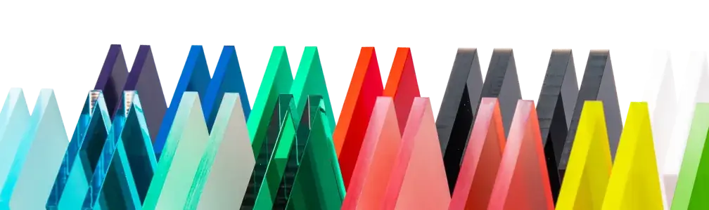 Colorful acrylic sheets in various colors including black, gray, white, yellow, green, red, pink, orange, teal, blue, and cyan. The sheets are arranged in a staggered manner with each sheet slightly offset from the one above and below it.