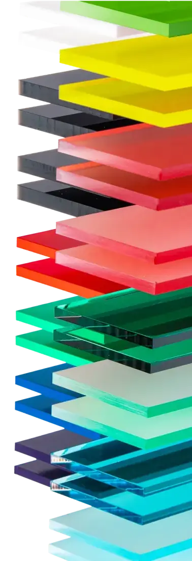 A vertical stack of colorful acrylic sheets in various colors including black, gray, white, yellow, green, red, pink, orange, teal, blue, and cyan. The sheets are arranged in a staggered manner with each sheet slightly offset from the one above and below it.