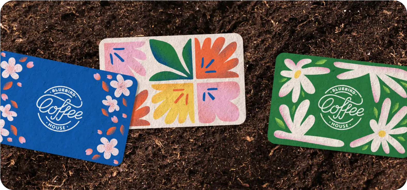 Three colorful cards on a soil background. The left card is blue with white flowers and the text 'Bluebird Coffee House' in white. The middle card has a floral design with pink, orange, yellow, and green colors. The right card is green with white leaves and the text 'Bluebird Coffee House' in white.