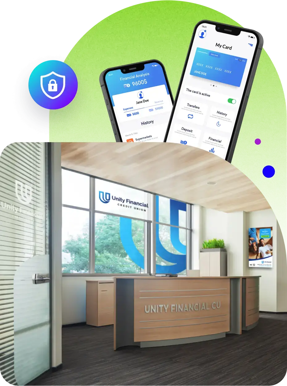 A small collage of a modern financial office and two smartphones. The financial office is the interior of Unity Financial Co., with a reception desk, large windows and branded signage in blue and white colors. The smartphones display different screens of a mobile banking app with a blue and white screen, featuring account balance, recent activity and various options like 'Deposit' and 'History'. 