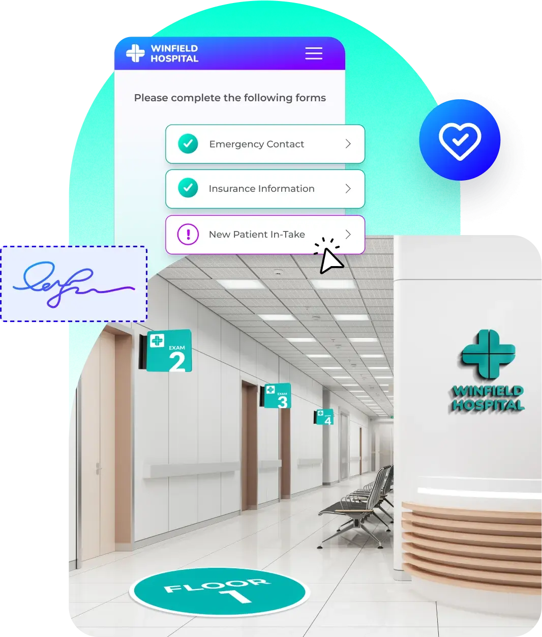 A digital hospital form and hospital interior. The digital form shows options for 'Emergency Contact,' 'Insurance Information' and 'New Patient In-Take.' A cursor is clicking on the'New Patient In-Take' option. The hospital interior is a hallway with white walls, green signage for rooms, and seating areas. The Winfield Hospital logo is visible on the wall.