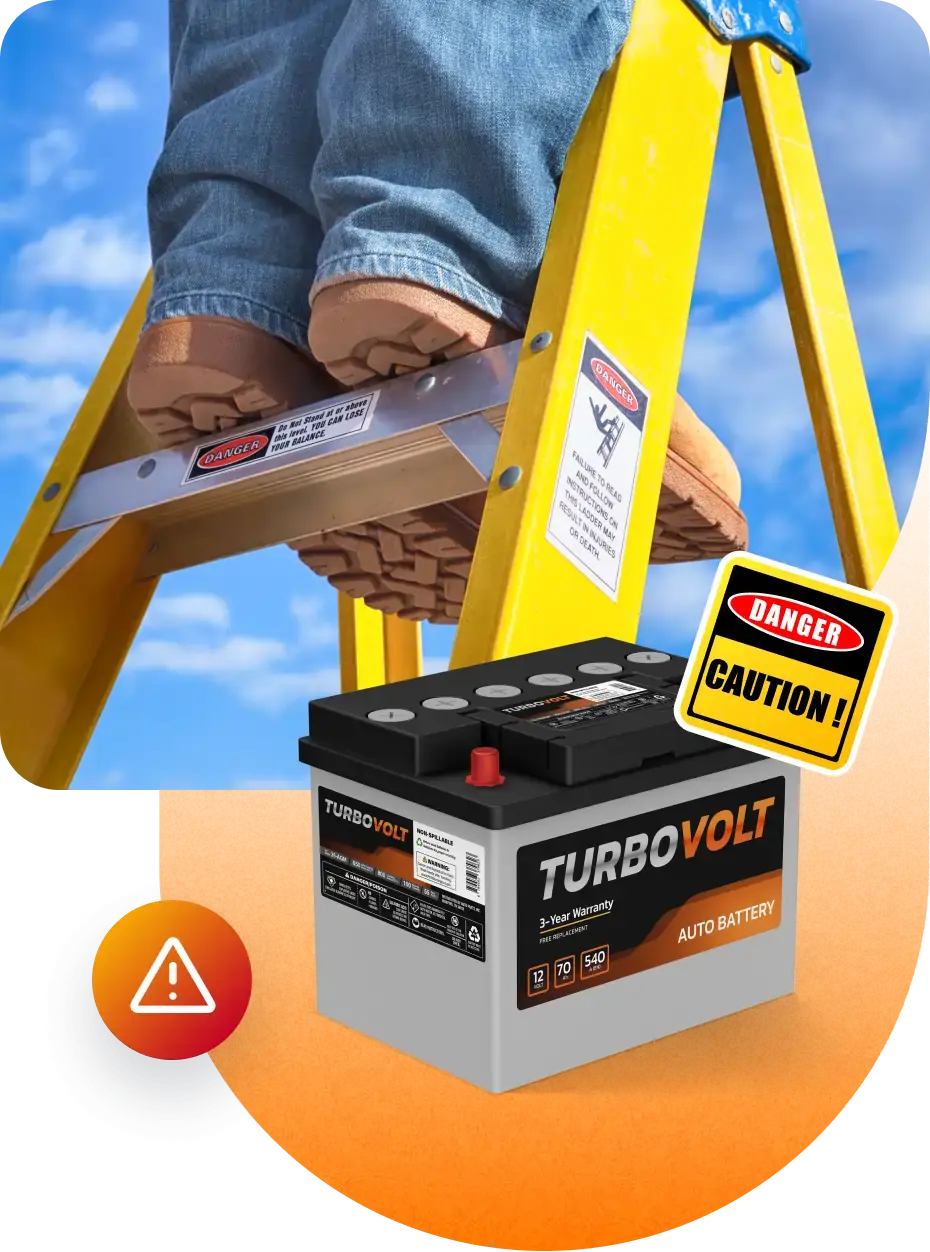 A person standing on a yellow ladder with a blue sky background. The person's shoes are visible, and there is a warning sticker on the ladder. Below the ladder, there is an auto battery with a TurboVolt label with caution signs around it.